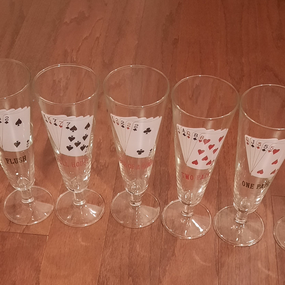 7- Poker Themed Footed Pilsner Glasses, Preowned